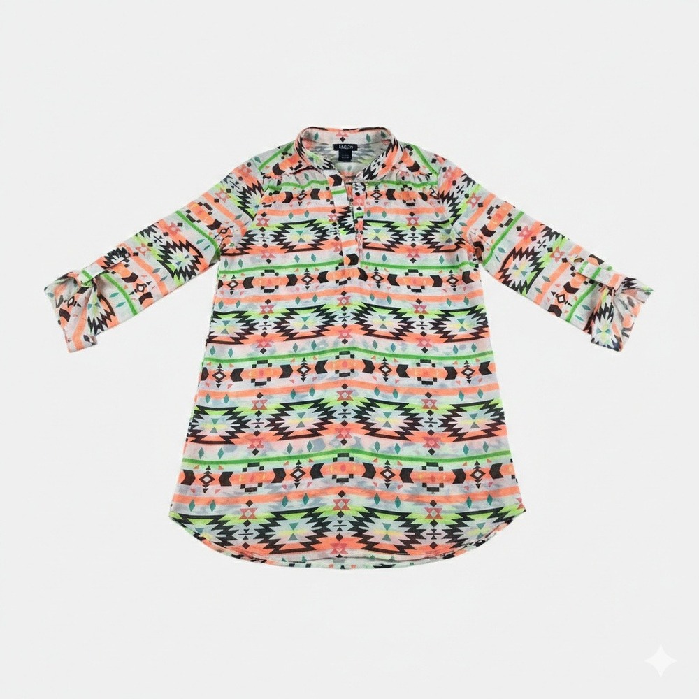 rue21 Womens Small Aztec Geometric Print Roll Tab Sleeve Tunic Top Multicolor